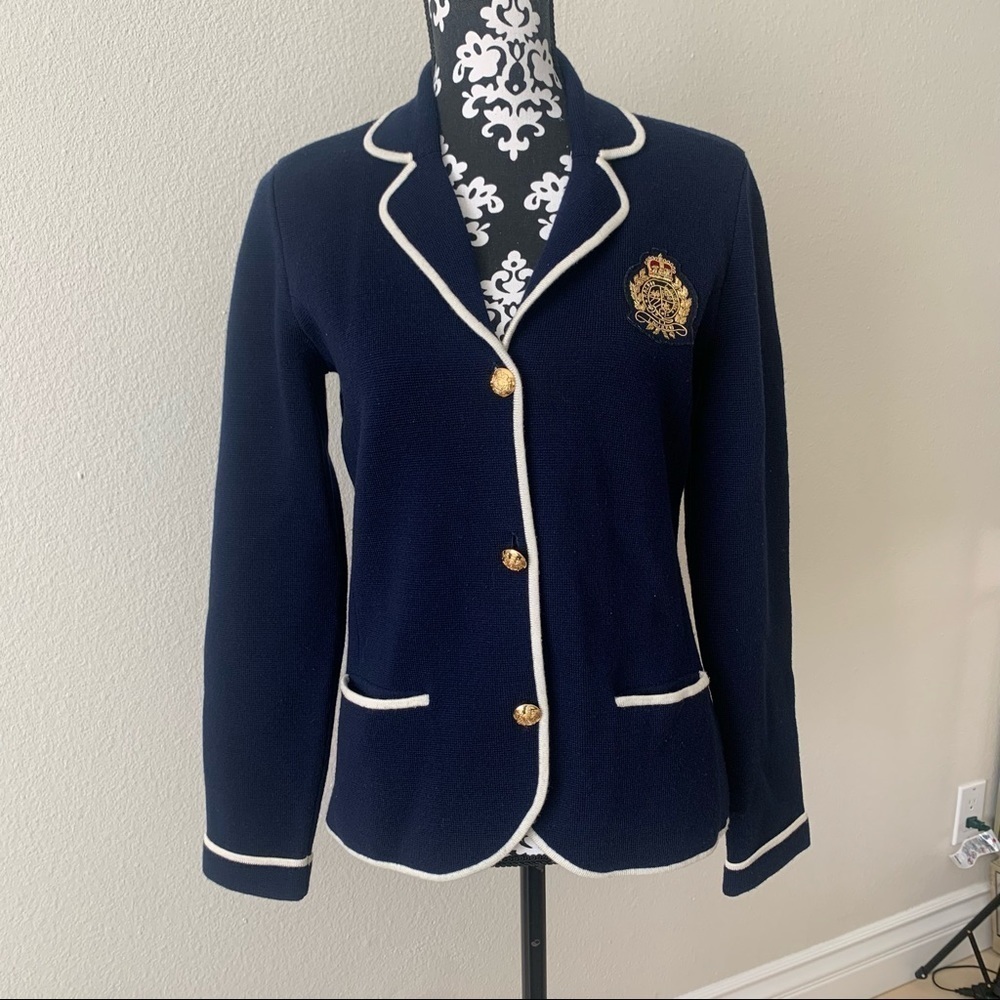 VTG LAUREN RALPH LAUREN Womens Merino Wool Cardi Jacket size M Navy Gold Crest.